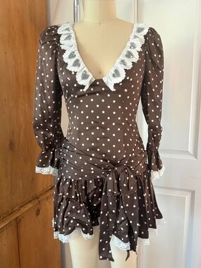 For Love And Lemons Brown Polka Dot Lace-Trim Mini Dress